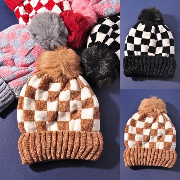 NEW Checkerboard Checked Super Soft Velour Cozy Fleece Lined Pom Pom Beanies Hat - Picture 1 of 11